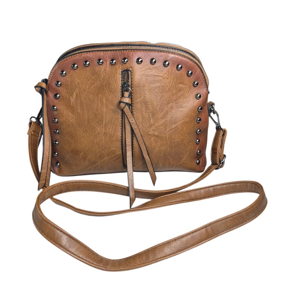 Sam & Hadley Brown Slightly Distressed Faux Leather Studded Dome Crossbody Bag
